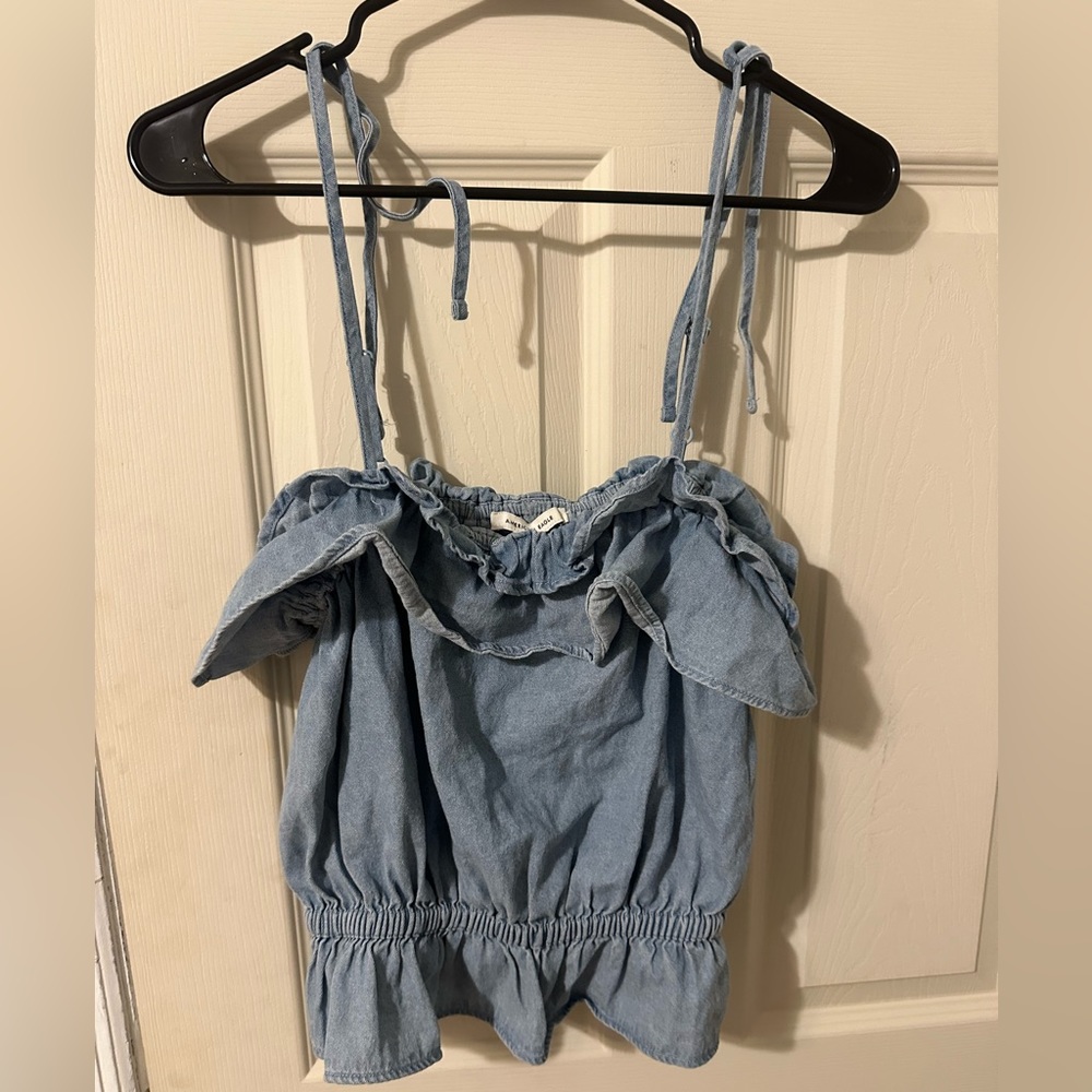 American Eagle Ruffled Denim Tie Strap Crop Top